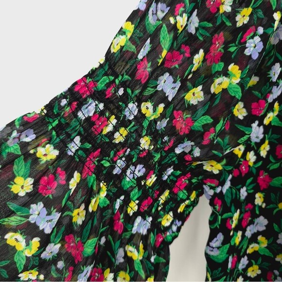 Ann Taylor Floral Balloon Sleeve Top XL Smocked Black Pink Chiffon Feminine - Picture 8 of 15